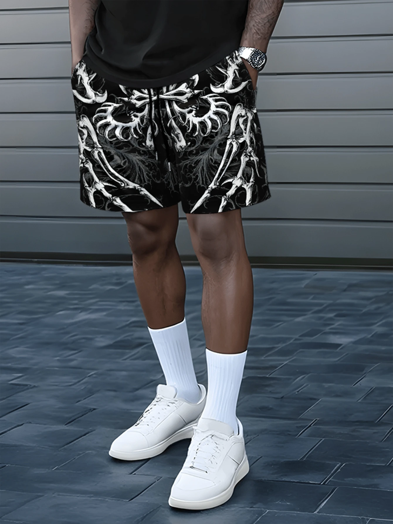 Men's Vintage 3D Animal Skeleton Print Regular Fit Shorts, Fashionable Casual Comfortable For Sports, Leisure, Home Gathering