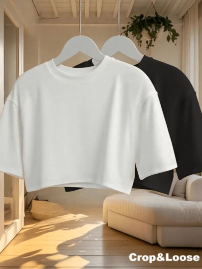 两件装女士宽松露脐圆领短袖T恤，适合春夏穿着，休闲/简约/优雅/性感/街头/Y2K风格，适合办公室/居家/街头及各种场合。