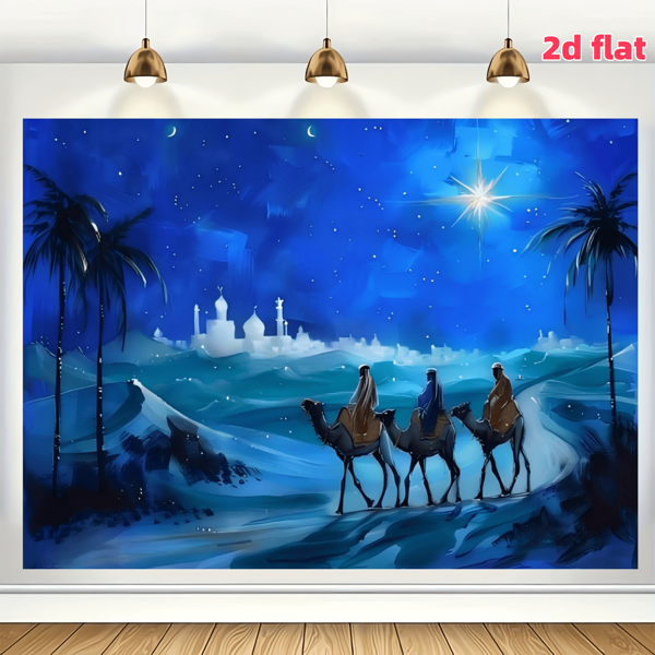 1pc, Polyester Nativity Backdrop Fabric, Holy Family And Three Kings Desert Castle Christmas Starry Night, Multipurpose Party Banner For Home, Kitchen, Religious Church Events