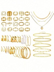 37-68 buc Set de bijuterii elegante vintage cu fluture, inimă, perlă artificială, nod răsucit, stea, lună, stras, inel lat, lanț șarpe, lanț împletit, cercei geometrici în formă de C, colier, inel, brățară, potrivit pentru sărbători, petreceri, purtare zilnică, cadouri de sărbători
