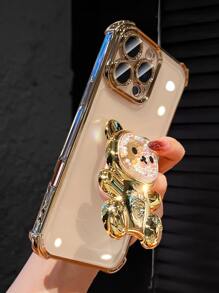 奢华电镀透明金色手机壳，创意可爱小熊支架，闪亮水钻Y2K风格，防震，新款夏季硅胶软壳保护套，兼容 16/16E/15/14/13/12/11/X/XS/XR/8/7 Plus/Pro/Max/Mini，Galaxy S24/S25 Ultra，兼容小米Redmi，荣耀，OPPO Reno，MOTO Infinix Women 2025