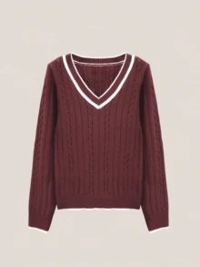 Women's Fitted Casual Vintage Cute College Style Pullover Sweater, Suitable For Halloween, Christmas, New Year, V-Neck, Daily, Back To School, Party, Travel, Airport, Autumn Winter - Burgundy - View 7