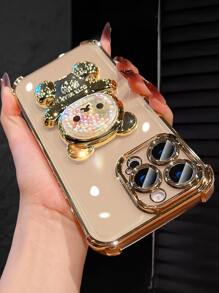 奢华电镀透明金色手机壳，创意可爱小熊支架，闪亮水钻Y2K风格，防震，新款夏季硅胶软壳保护套，兼容 16/16E/15/14/13/12/11/X/XS/XR/8/7 Plus/Pro/Max/Mini，Galaxy S24/S25 Ultra，兼容小米Redmi，荣耀，OPPO Reno，MOTO Infinix Women 2025