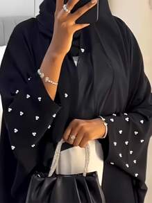 1 件纯色优雅开衫，手工串珠，刺绣袖口，时尚优雅，适合所有季节，穆斯林女装 - 彩色 - 查看 9