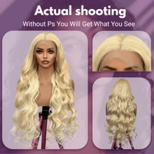 #613 金色波浪假发 蕾丝前假发 13x4 高清透明蕾丝前假发 200% 密度假发 无胶混合真人发假发 预拔婴儿发 混合发假发 巴西发前假发 适合初学者 每日尺寸 - S613 - 查看 5