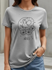 Women's T-Shirt Aries Aries Sign Flowers Stars Astrology Fashion 100% Cotton Promotion - Grey - View 1