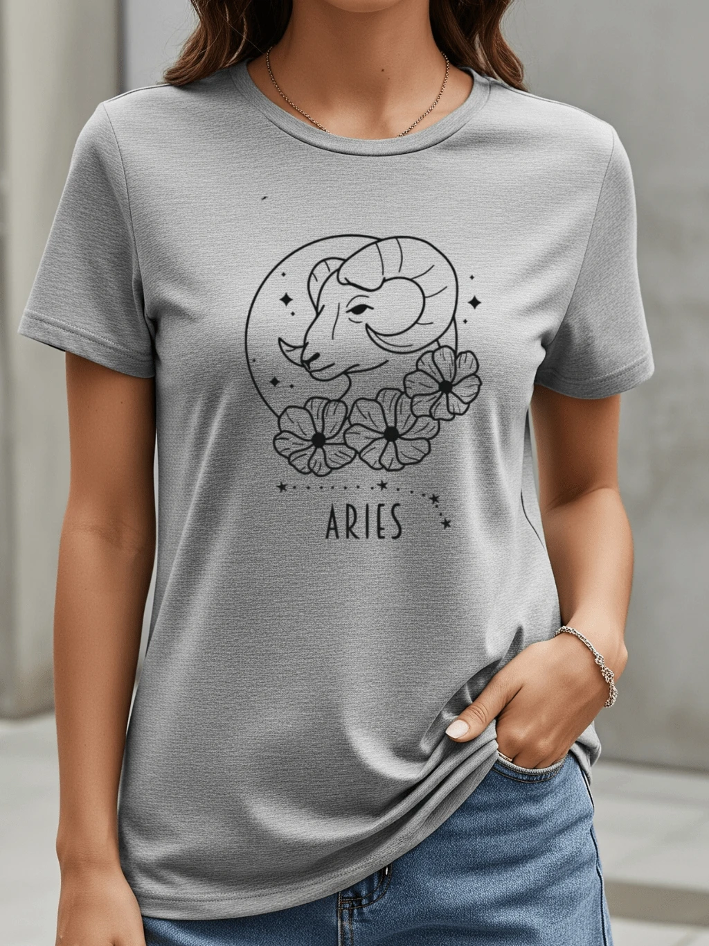 Women's T-Shirt Aries Aries Sign Flowers Stars Astrology Fashion 100% Cotton Promotion - Grey - View 1