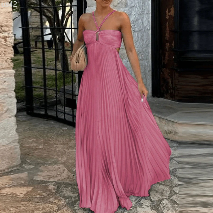 Blue High Waist Pleats Robe Dress Casual Sleeveless Solid Color Holiday Dress Summer Sexy Halter Hollow Off Shoulder Party Dress - 粉色 - 查看 1