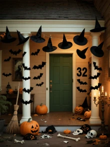 19pcs/Set Halloween Witch Hat + 3D Bat Stickers + Fishing Line Set, Costume Accessories For Role Play, Carnival, Festivals. Thick Hanging Black Wizard Hat For Men, Women, Children, Indoor & Outdoor Party Decor