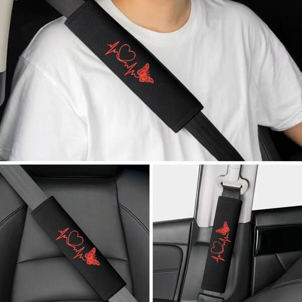 Embroidered Butterfly Logo Car Seat Belt Shoulder Pad, Soft & Comfortable Seat Belt Cover