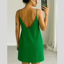 Women's Short Crepe Dress With Adjustable Straps, Open Back, Comfortable Duna Fabric, Basic, Plain, No Print - 墨綠色 - 查看 2
