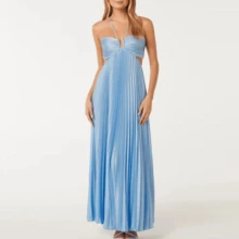 Blue High Waist Pleats Robe Dress Casual Sleeveless Solid Color Holiday Dress Summer Sexy Halter Hollow Off Shoulder Party Dress - 綠色 - 查看 2