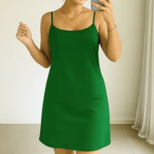 Women's Short Crepe Dress With Adjustable Straps, Open Back, Comfortable Duna Fabric, Basic, Plain, No Print - 墨綠色 - 查看 1