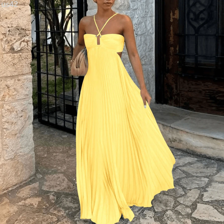 Blue High Waist Pleats Robe Dress Casual Sleeveless Solid Color Holiday Dress Summer Sexy Halter Hollow Off Shoulder Party Dress - Màu vàng - Xem 1