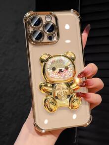 奢华电镀透明金色手机壳，创意可爱小熊支架，闪亮水钻Y2K风格，防震，新款夏季硅胶软壳保护套，兼容 16/16E/15/14/13/12/11/X/XS/XR/8/7 Plus/Pro/Max/Mini，Galaxy S24/S25 Ultra，兼容小米Redmi，荣耀，OPPO Reno，MOTO Infinix Women 2025