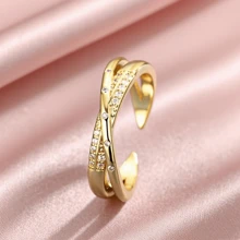 1 件不锈钢玫瑰金十字锆石戒指，时尚个性化奢华可调节女士戒指