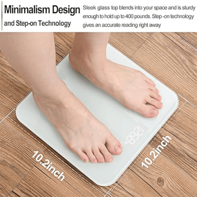 Báscula digital para baño con pantalla LED retroiluminada, capacidad de hasta 400 lb, precisión de medición, color blanco y negro.