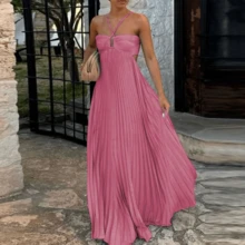 Blue High Waist Pleats Robe Dress Casual Sleeveless Solid Color Holiday Dress Summer Sexy Halter Hollow Off Shoulder Party Dress - 藍色 - 查看 2