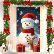 1 件圣诞派对横幅，采用涤纶材料制成，带有圣诞雪人和驯鹿背景图片，适用于圣诞派对装饰、派对装饰、节日装饰、前门装饰、室内外装饰