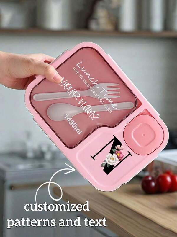 1pc Customizable Fantasy Pattern & Artistic Text Bento Box, Made Of High-Quality PP Material With 3 Compartments And Utensils, Portable, Minimalist, Waterproof, Tight-Sealing, Leak-Proof, Large Capacity, Suitable For Office Workers And College Daily Lunch Box