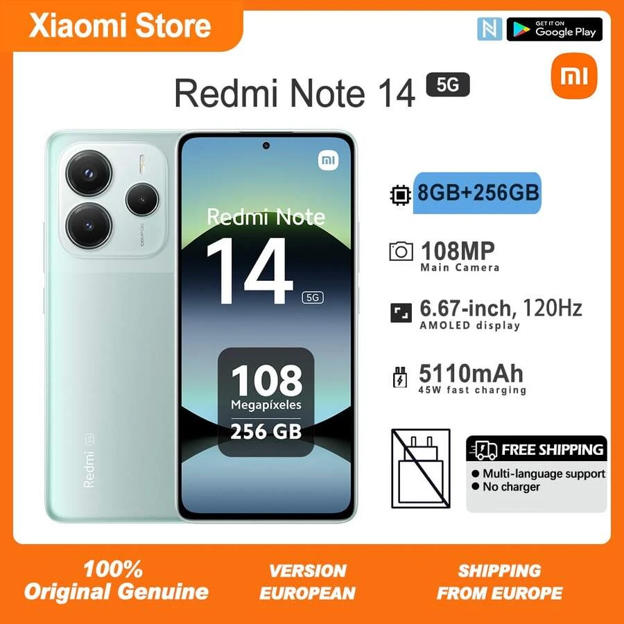 Xiaomi Redmi Note 14 5G 8+256GB - Display AMOLED 120Hz, Fotocamera 108MP OIS, Batteria 5110mAh, Nero, Con Caricatore