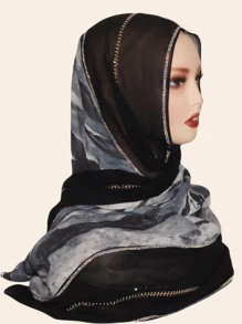 1pc Women's Fashion Chiffon Fabric Colorful Patchwork Print Scarf, Casual Stylish Headscarf Shawl, Middle Eastern Rhinestone Material, High-End, Breathable, All Season
