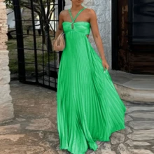 Blue High Waist Pleats Robe Dress Casual Sleeveless Solid Color Holiday Dress Summer Sexy Halter Hollow Off Shoulder Party Dress - 綠色 - 查看 1