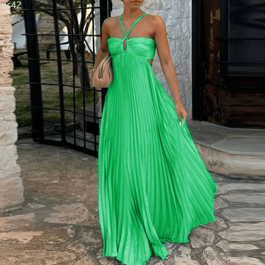Blue High Waist Pleats Robe Dress Casual Sleeveless Solid Color Holiday Dress Summer Sexy Halter Hollow Off Shoulder Party Dress - 綠色 - 查看 1