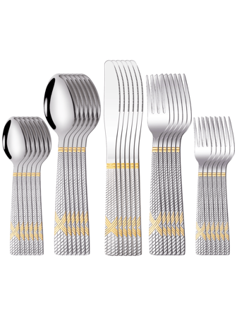 6/24/30件银器套装，不锈钢餐具刀叉勺，部分镀金，不褪色，适合家庭聚会、餐厅、户外露营、可用洗碗机清洗、学校用品