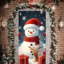1 件圣诞派对横幅，采用涤纶材料制成，带有圣诞雪人和驯鹿背景图片，适用于圣诞派对装饰、派对装饰、节日装饰、前门装饰、室内外装饰