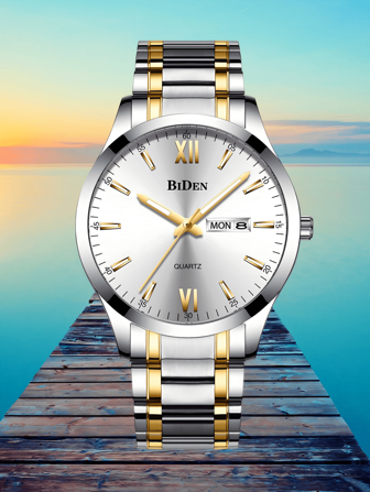 BIDEN Reloj para hombre BIDEN, de negocios y ocio, con calendario, resistente al agua, reloj de cuarzo con luz nocturna para hombres, correa de acero inoxidable, regalo ideal para hombres, incluye removedor de eslabones de cadena y estuche