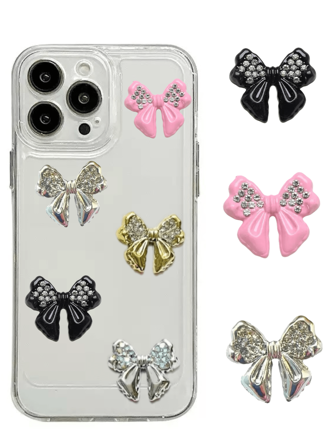 Suministro a granel de 20 piezas de decoraciones variadas en estilo Y2K: lazos de plata, dorado, negro y rosa con diamantes artificiales, estuche de teléfono elegante, encantos de resina, pasadores de pelo, caja de almacenamiento, espejo de maquillaje y otros accesorios DIY y artículos decorativos con moños lindos y elegantes