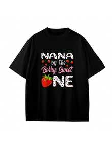 Strawberry Nana Graphic Print T Shirt 220g Cute Grandma Women's Casual Round Neck Short Sleeve 100% Cotton Tee 1pcs Summer Style - 黑色 - 查看 1