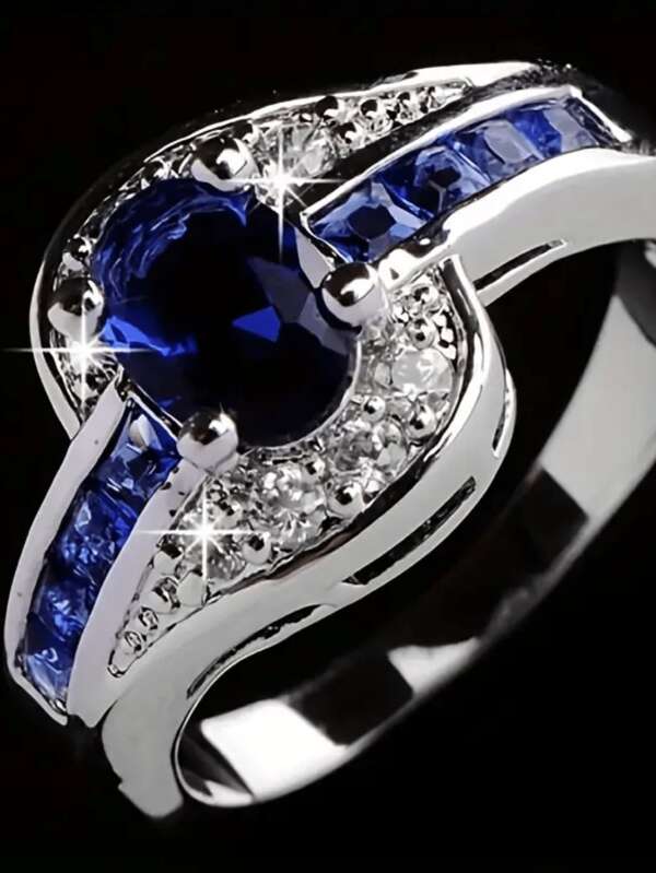 Oval Blue Zirconia Ring, Super Shiny & Elegant Wedding Band Jewelry Decoration