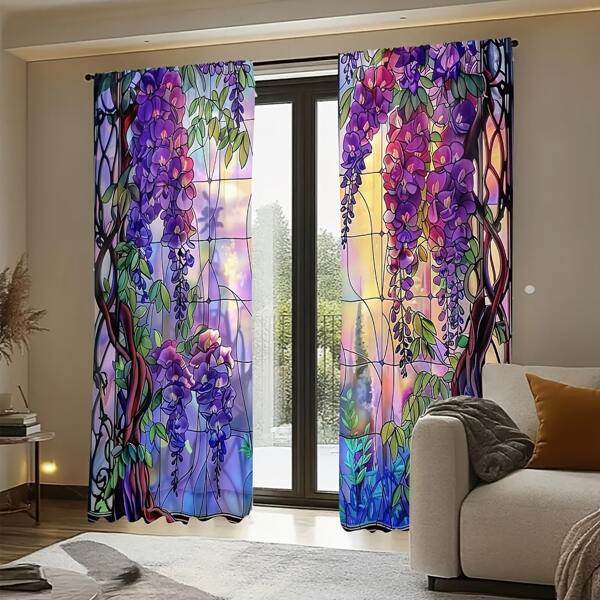 2 piezas de Cortinas artísticas con estampado floral morado, estilo de jardín soñador, cortinas artísticas con estampado floral morado tipo vitral, cortinas primaverales románticas con patrón de hojas coloridas, adecuadas para sala de estar, dormitorio, cocina, persianas de ventana del baño