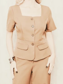 Women's Luxury Vest And Trousers Set - Simple Elegant Tailoring Casual Buttons On The Front Pocket Fake Pockets Office - 卡其色 - 查看 5