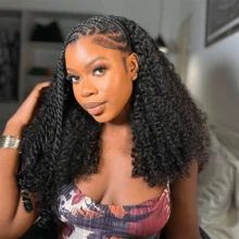 Glueless Human Hair Wigs Kinky Curly Headband Wig Upgrade 3 IN 1 Half Wig With Drawstring Seamless Clip Ins Flip Over For Women 28inch - Natural Black - 查看 2