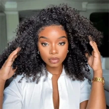 Glueless Human Hair Wigs Kinky Curly Headband Wig Upgrade 3 IN 1 Half Wig With Drawstring Seamless Clip Ins Flip Over For Women 28inch - Natural Black - 查看 8