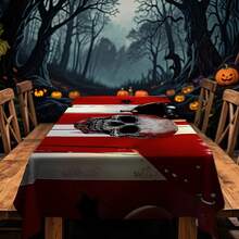 1/20 pièces Nappe d'Halloween - Fond rayé rouge et blanc effrayant, avec motif de crânes blancs. Nappe rectangulaire durable, parfaite pour les repas, pique-niques, festivals, mariages et thés, décoration d'Halloween