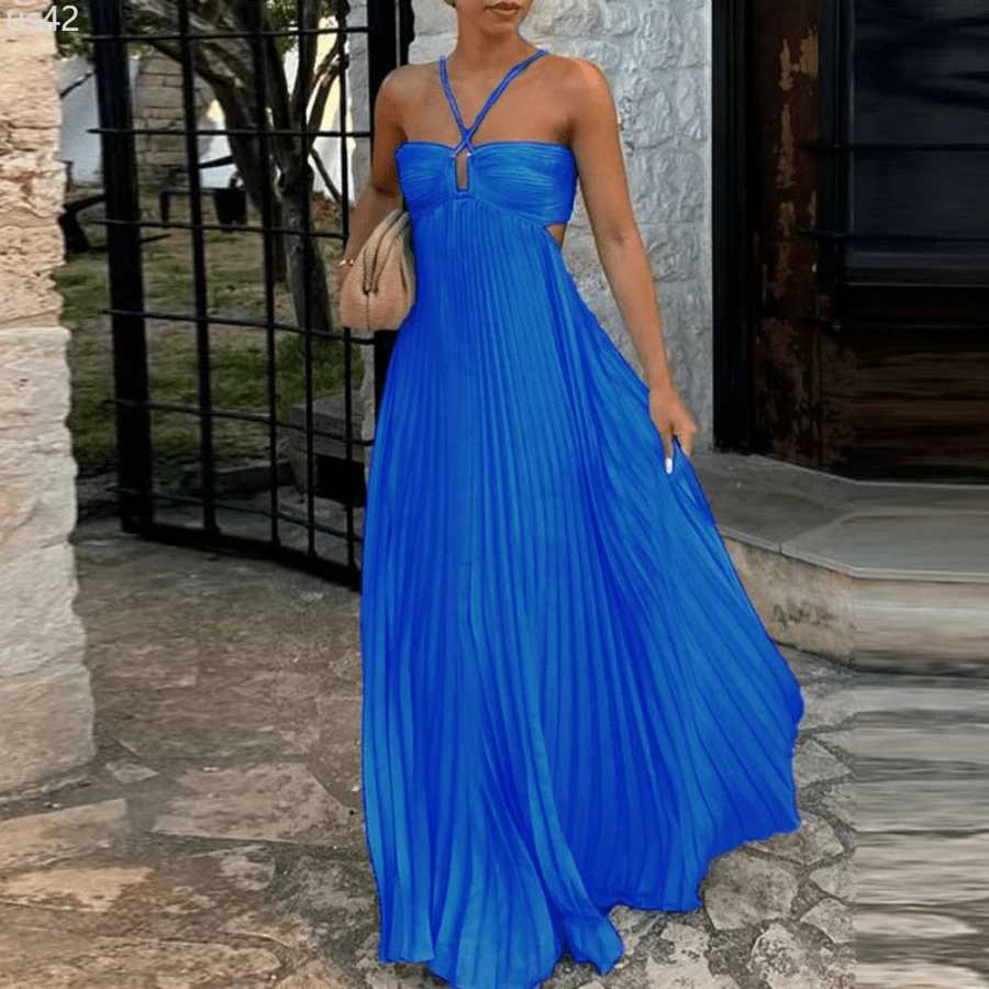 Blue High Waist Pleats Robe Dress Casual Sleeveless Solid Color Holiday Dress Summer Sexy Halter Hollow Off Shoulder Party Dress - 深藍色 - 查看 1
