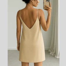 Women's Short Crepe Dress With Adjustable Straps, Open Back, Comfortable Duna Fabric, Basic, Plain, No Print - Màu be - Xem 2