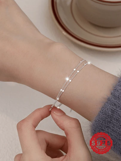 1 件双层 925 纯银手链，银色/金色/玫瑰金多层精致手链，优雅的女士配饰，日常和节日穿着，防过敏简约设计，情人节、生日礼物