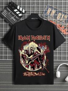 Iron Maden Fire Guitar Rock T-Shirt International Band Oldschool Rock And Roll Shirt Blouse Unisex Male Female 100% Cotton Top Premium Streetwear Launch Immediate Shipping Various Colors!! Plus Size - 黑色 - 查看 1
