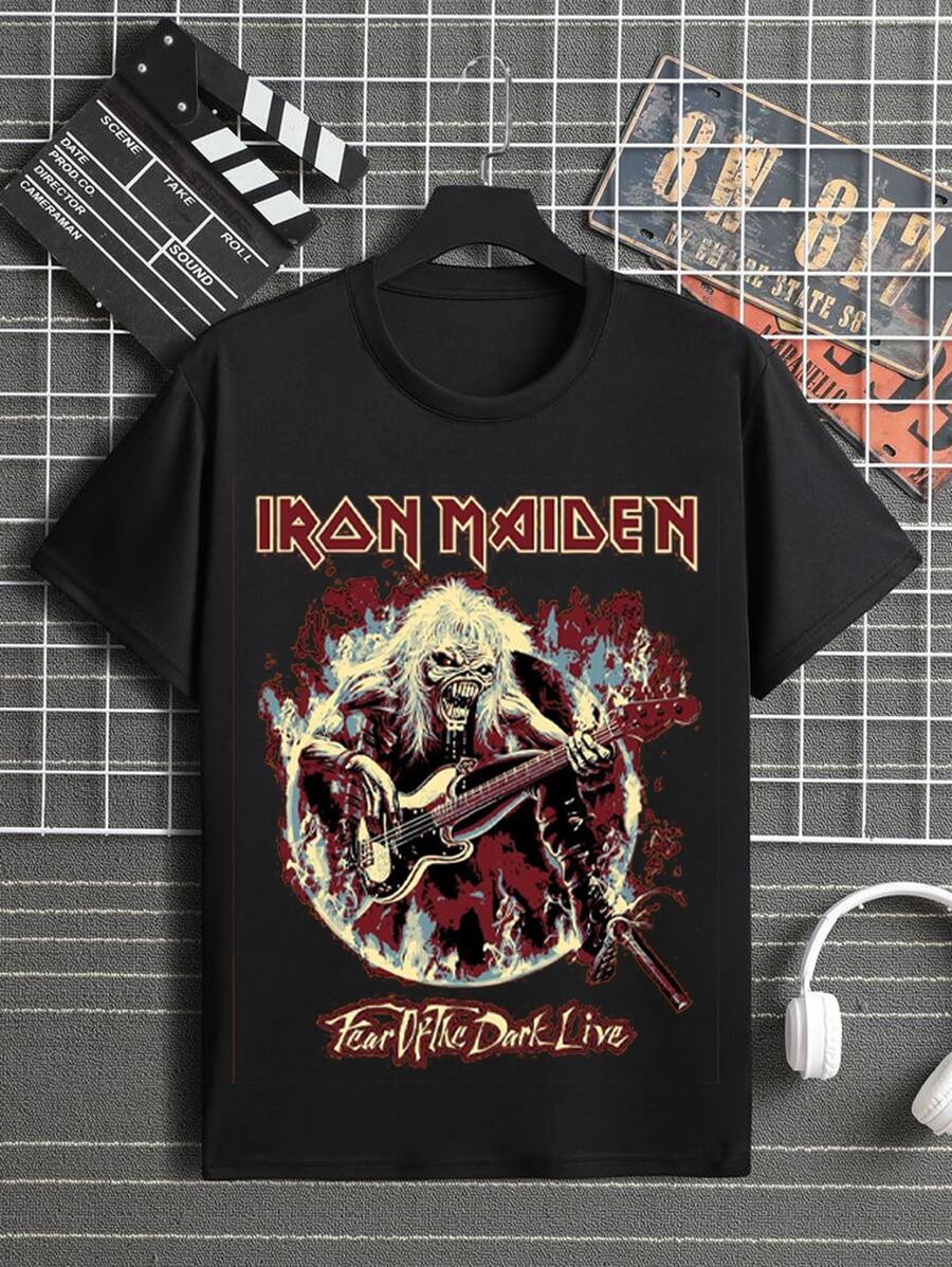 Iron Maden Fire Guitar Rock T-Shirt International Band Oldschool Rock And Roll Shirt Blouse Unisex Male Female 100% Cotton Top Premium Streetwear Launch Immediate Shipping Various Colors!! Plus Size - 黑色 - 查看 1