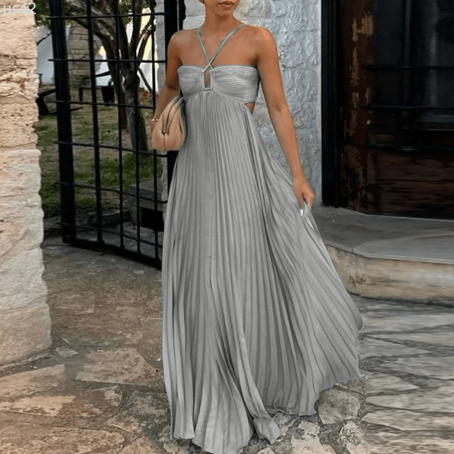 Blue High Waist Pleats Robe Dress Casual Sleeveless Solid Color Holiday Dress Summer Sexy Halter Hollow Off Shoulder Party Dress - 灰色 - 查看 1