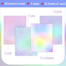 20 或 40 张 A4 尺寸透明全息冷裱膜，8.3*11.7 英寸，4 种款式混合：钻石、彩虹、星星、圆点、防水自粘乙烯基贴纸