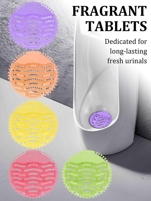 1/3/5pcs Men's Urinal Anti Clogging Aromatic Sheet, Five Fragrances (Lavender, Lemon, Apple, Orange, Cherry), Filter Urinal Aromatic Sheet, Aromatic Deodorization, Dirt Decomposition, Filtration Splash Prevention, Antibacterial Disinfection, Suitable For Household And Public Toilet Urinals