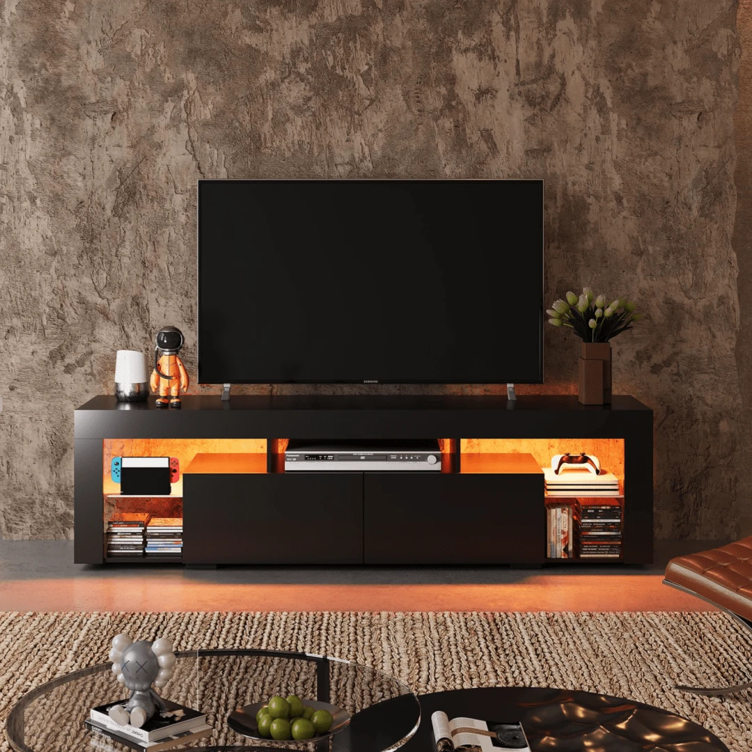 TV Stand, 63 Inch Entertainment Center, Modern TV Console With 2 Drawers For Living Room, LED TV Stand For 60 To 70 Inch TV - 黑色 - 查看 1