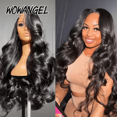 WOWANGEL Peluca frontal de encaje con cabello humano natural de onda corporal negra, pre-arrancada, con encaje HD invisible de 13x6, con cabello bebé, densidad del 250%, cabello humano brasileño que se funde como piel real, peluca frontal de encaje HD sin pegamento con cierre frontal de encaje suizo de 28 pulgadas para mujeres, con línea de cabello natural