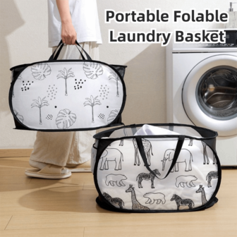 Hopfällbar tvättkorg bärbar tecknad förvaringskorg smutsiga kläder arrangör stor kapacitet nätpåse hushållsbadrum